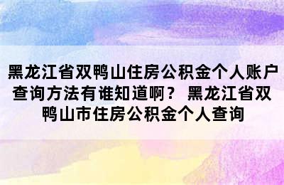 黑龙江省双鸭山住房公积金个人账户查询方法有谁知道啊？ 黑龙江省双鸭山市住房公积金个人查询